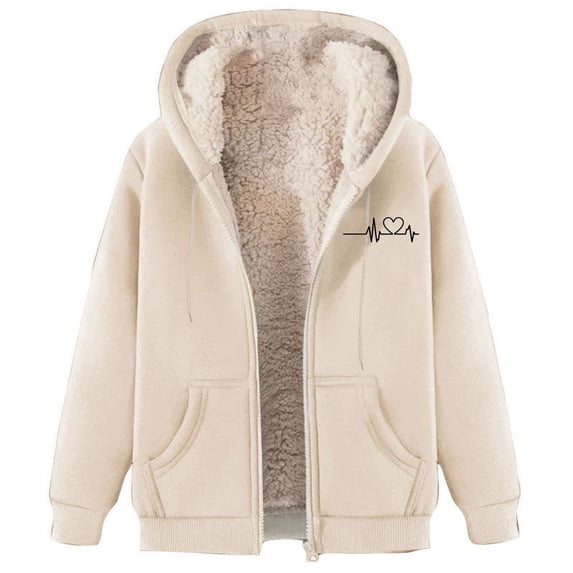 XPMWRP Women's Printed Fleece Jacket Zip Up Sherpa Lined Hoodies Casual Loose Warm Hooded Fashionable Winter Coats with Pockets Beige L
