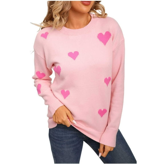 XPMWRP Women's Printing Hearts Winter Sweater Knitted Top Casual Crewneck Long Sleeve Fashionable Sweaters Pullover Pink M