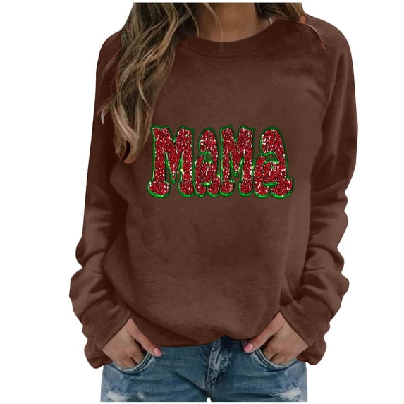 XPMWRP Women's Pullover Sweatshirts Long Sleeves Loose Comfy Sweatshirt Mama Letter Graphic Tees Shirts for Mother's Day Brown XXL