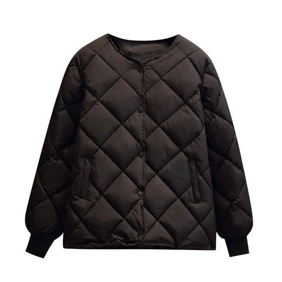 XPMWRP Women's Quilted Casual Button Jacket Solid Color Long Sleeve Puffer Coats Padded Winter Warm Oversized Outwear with Pockets Black L