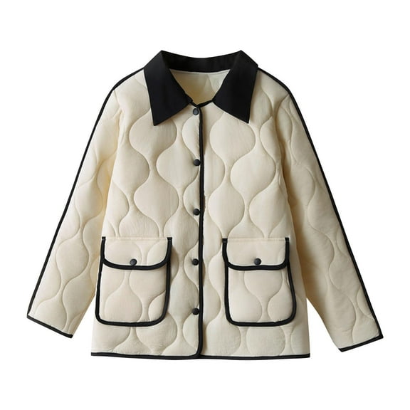 XPMWRP Women's Quilted Casual Patchwork Jacket Lapel Collar Long Sleeve Puffer Coats Padded Winter Warm Oversized Outwear with Pockets Beige XXXXL