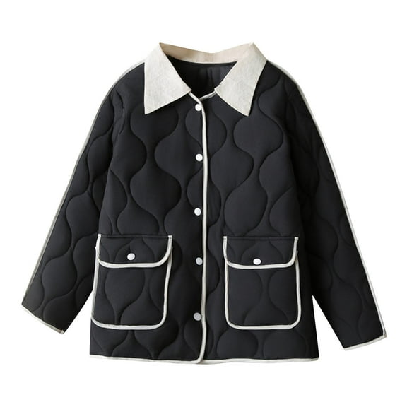 XPMWRP Women's Quilted Casual Patchwork Jacket Lapel Collar Long Sleeve Puffer Coats Padded Winter Warm Oversized Outwear with Pockets Black XXXL