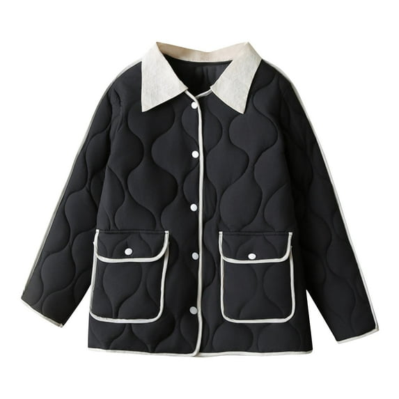 XPMWRP Women's Quilted Casual Patchwork Jacket Lapel Collar Long Sleeve Puffer Coats Padded Winter Warm Oversized Outwear with Pockets Black XXXL
