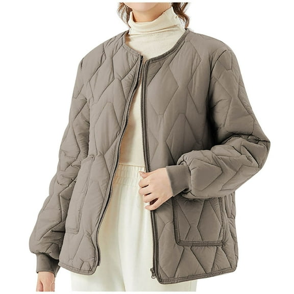 XPMWRP Women's Quilted Casual Zip Jacket Long Sleeve Solid Color Fashion Loose Coats Fall Winter Trendy Windproof Clothes with Pockets Yellow M