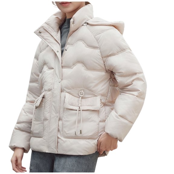 XPMWRP Women's Quilted Detachable Hoodies Solid Color Jackets Warm Winter Zip Oversized Casual Jackets Puffer Stand Collar Long Sleeve Coat with Pockets Beige XXL