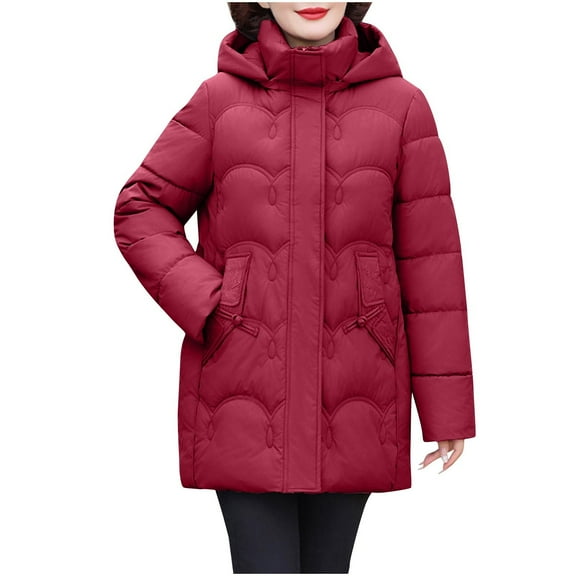 XPMWRP Women's Quilted Detachable Hoodies Solid Color Jackets Warm Winter Zip Oversized Casual Jackets Puffer Stand Collar Long Sleeve Coat with Pockets Red XL