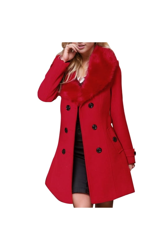 Women's Quilted Double Breasted Long Coat Detachable Faux Fur Collar Long Sleeve Coats Solid Color Winter Trench Jackets with Pockets Red XL