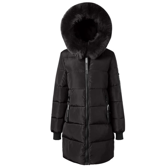 XPMWRP Women's Quilted Fleece Hooded Puffer Jacket Long Sleeve Solid Color Long Coat Winter Warm Thick Zipper Jacket with Pockets Black XXL