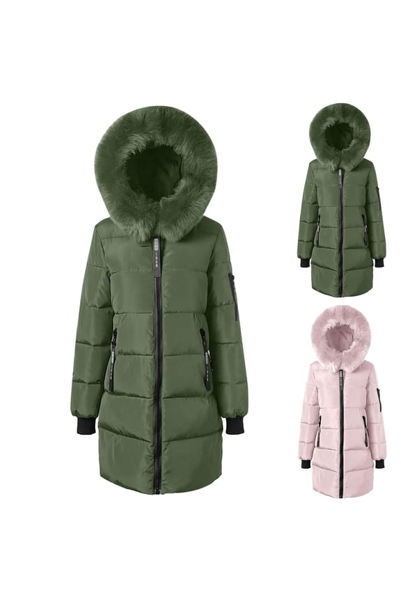Women's Quilted Fleece Hooded Puffer Jacket Long Sleeve Solid Color Long Coat Winter Warm Thick Zipper Jacket with Pockets Red XXL