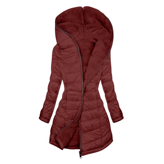 XPMWRP Women's Quilted Fleece Lined Hooded Jacket Trendy Oversized Winter Warm Thicken Jacket Long Sleeved Solid Color Parkas Outwear Red S