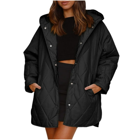 XPMWRP Women's Quilted Hooded Button Jacket Solid Color Oversized Puffer Long Sleeve Coat Winter Warm Oversized Outwear with Pockets Black L