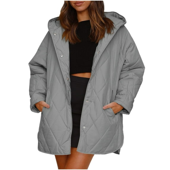 XPMWRP Women's Quilted Hooded Button Jacket Solid Color Oversized Puffer Long Sleeve Coat Winter Warm Oversized Outwear with Pockets Gray XL