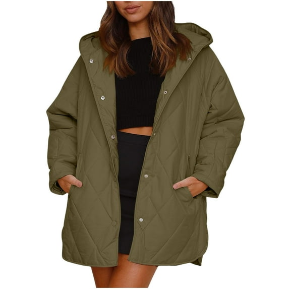 XPMWRP Women's Quilted Hooded Button Jacket Solid Color Oversized Puffer Long Sleeve Coat Winter Warm Oversized Outwear with Pockets Green M