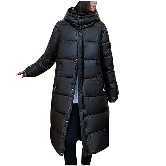 XPMWRP Women's Quilted Hooded Puffer Jacket Long Sleeve Solid Color Long Coat Winter Warm Thick Zipper Jacket with Pockets Black M