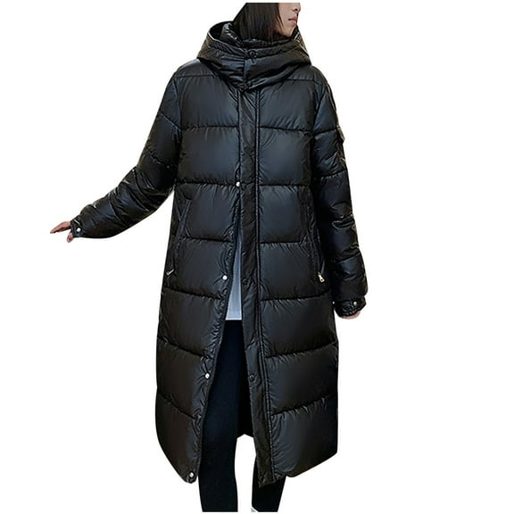 XPMWRP Women's Quilted Hooded Puffer Jacket Long Sleeve Solid Color Long Coat Winter Warm Thick Zipper Jacket with Pockets Black XL