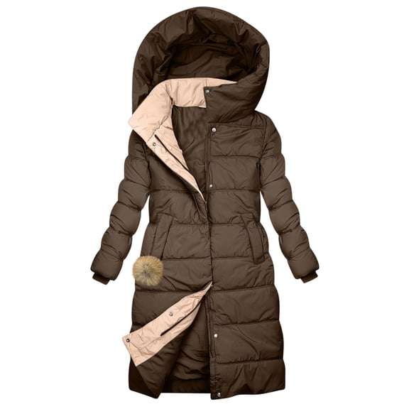 XPMWRP Women's Quilted Hooded Puffer Jacket Long Sleeve Solid Color Long Coat Winter Warm Thick Zipper Jacket with Pockets Brown L