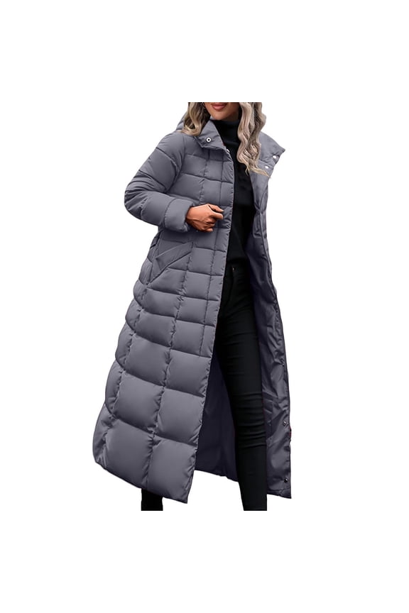 Women's Quilted Hooded Puffer Jacket Long Sleeve Solid Color Long Coat Winter Warm Thick Zipper Jacket with Pockets Gray XL