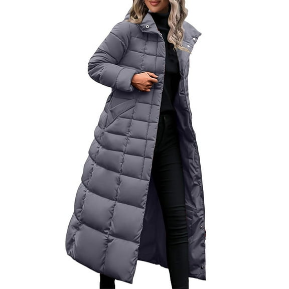 XPMWRP Women's Quilted Hooded Puffer Jacket Long Sleeve Solid Color Long Coat Winter Warm Thick Zipper Jacket with Pockets Gray XXXL