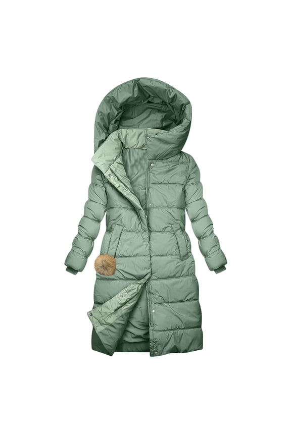 Women's Quilted Hooded Puffer Jacket Long Sleeve Solid Color Long Coat Winter Warm Thick Zipper Jacket with Pockets Green L