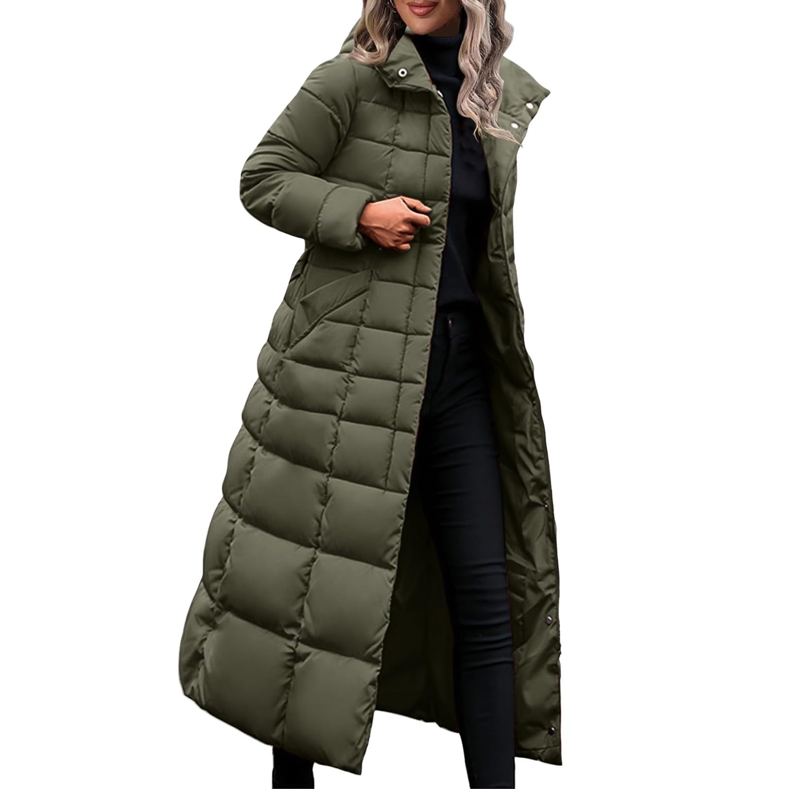 XPMWRP Women's Quilted Hooded Puffer Jacket Long Sleeve Solid Color Long Coat Winter Warm Thick Zipper Jacket with Pockets Green M