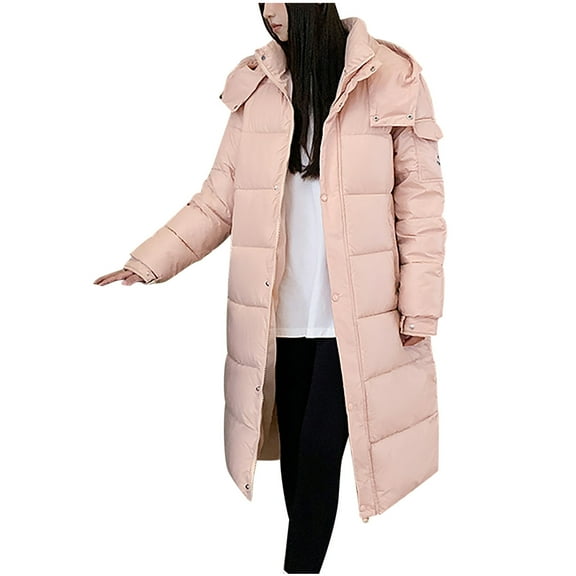 XPMWRP Women's Quilted Hooded Puffer Jacket Long Sleeve Solid Color Long Coat Winter Warm Thick Zipper Jacket with Pockets Pink L