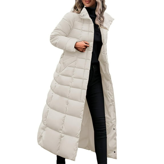 XPMWRP Women's Quilted Hooded Puffer Jacket Long Sleeve Solid Color Long Coat Winter Warm Thick Zipper Jacket with Pockets White XXL