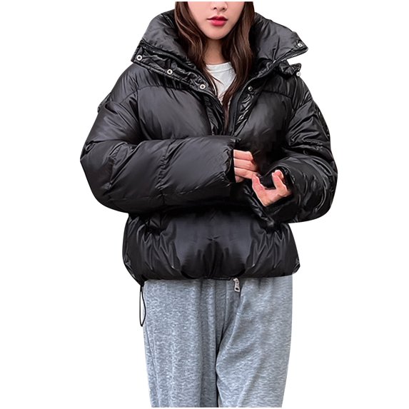 XPMWRP Women's Quilted Hoodies Solid Color Jackets Warm Winter Zip Oversized Casual Jackets Puffer Long Sleeve Coat with Pockets Black L