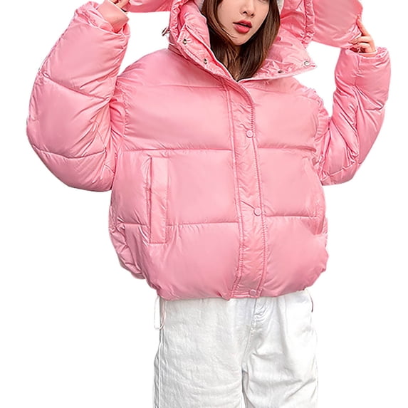 XPMWRP Women's Quilted Hoodies Solid Color Jackets Warm Winter Zip Oversized Casual Jackets Puffer Long Sleeve Coat with Pockets Pink L