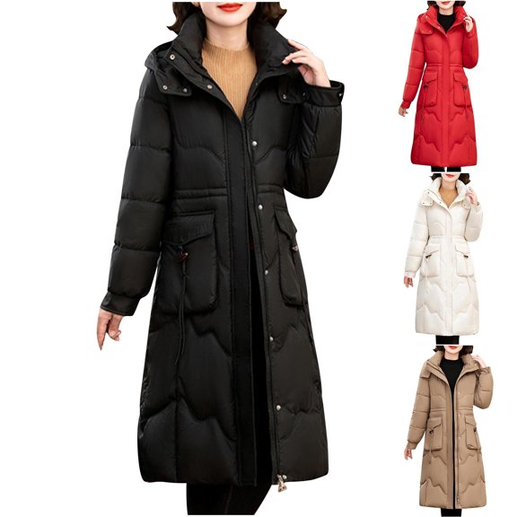 XPMWRP Women's Quilted Hoodies Waterproof Long Coat Thickened Zip Long Sleeved Solid Color Coats Winter Warm Puffer Parka Coats with Pockets Red L