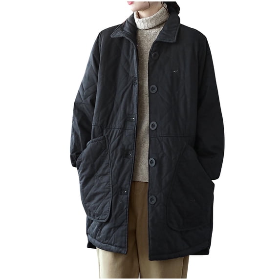 XPMWRP Women's Quilted Puffer Casual Jackets Vintage Button Down Puffy Jacket Lapel Coats Solid Color Winter Warm Clothes with Pockets Black XL