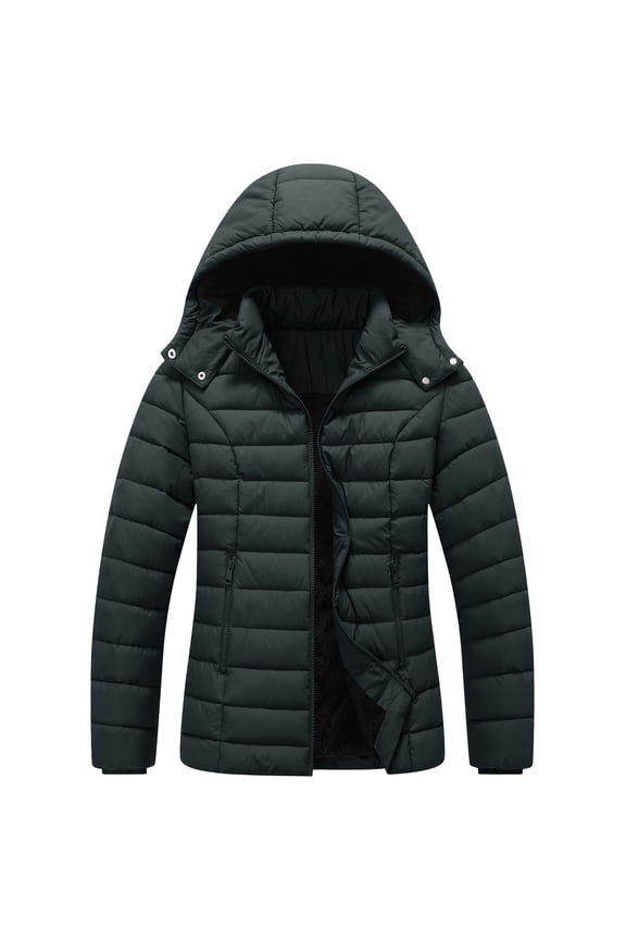 Women's Quilted Puffer Hooded Thicken Coat Solid Color Long Sleeve Fashion Coats Full Zip Winter Warm Jacket with Pockets Black S