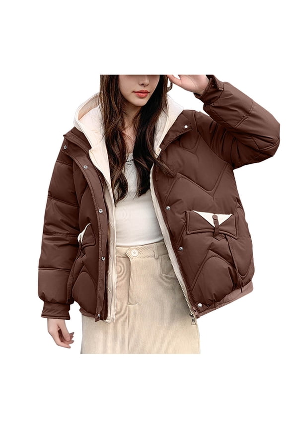 Women's Quilted Puffer Jacket Long Sleeve Solid Color Zipper Coats Winter Keep Warm Loose Jacket with Pocket Brown M