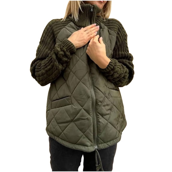 XPMWRP Women's Quilted Puffer Solid Color Jacket Casual Lightweight Stand Collar Long Sleeve Zip Puffer Jackets Padded Outerwear Coats Green XL