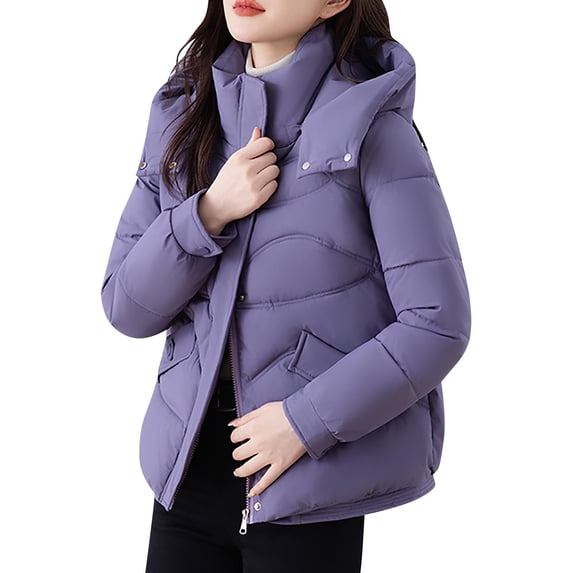 XPMWRP Women's Quilted Puffer Thickened Hooded Jacket Casual Zipper Coat Solid Color Winter Warm Outerwear with Pockets Purple L