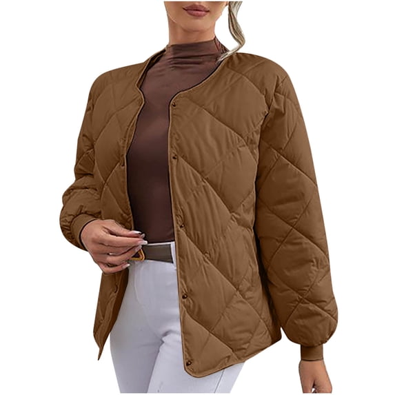 XPMWRP Women's Quilted Puffer Thickened Jacket Casual Long Sleeve Button Coats Solid Color Winter Warm Loose Outerwear Brown XL