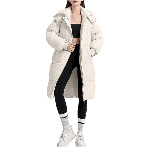 XPMWRP Women's Quilted Puffer Thickened Long Jacket Casual Long Sleeved Zip Coats Solid Color Winter Warm Parka with Pockets White M