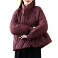 thumbnail image 1 of XPMWRP Women's Quilted Solid Color Casual Hooded Jacket Winter Long Sleeve Stand Collar Baggy Short Down Coats with Pockets Red L, 1 of 9