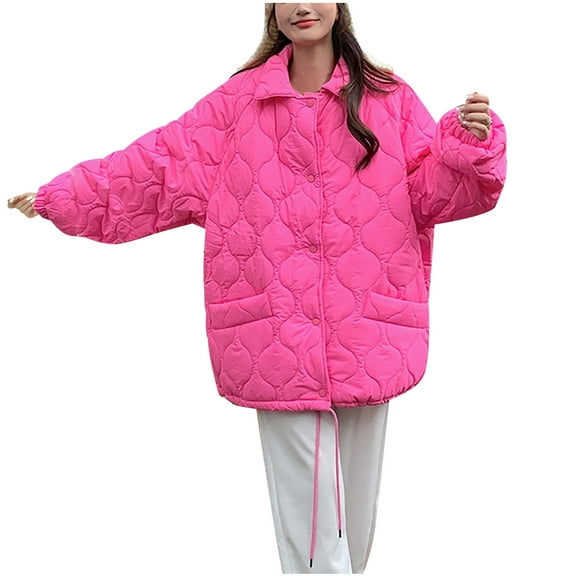 XPMWRP Women's Quilted Solid Color Jacket Long Sleeve Button Lapel Collar Casual Coat Winter Padded Puffer Coat with Pockets Pink L