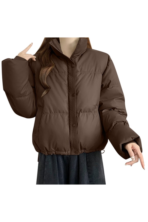 Women's Quilted Thicken Coats Solid Color Long Sleeve Fashion Zip Up Coats Winter Warm Loose Stand Collar Jacket with Pockets Brown M