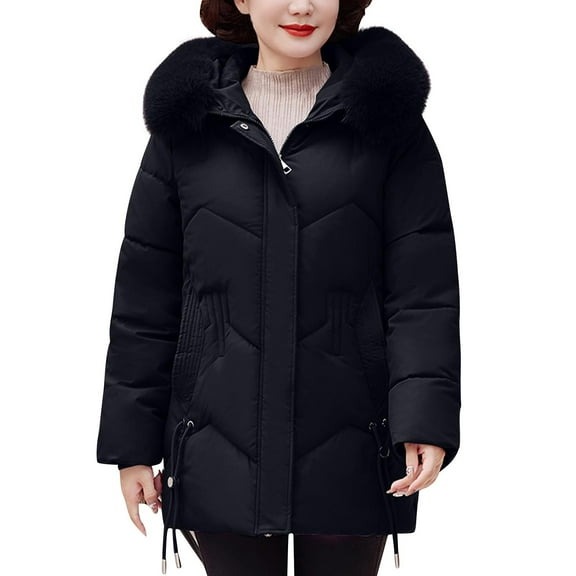 XPMWRP Women's Quilted Thicken Faux Fur Hood Coat Solid Color Long Sleeve Fashion Coats Full Zip Winter Warm Jacket with Pockets Black L