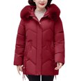 thumbnail image 1 of XPMWRP Women's Quilted Thicken Faux Fur Hood Coat Solid Color Long Sleeve Fashion Coats Full Zip Winter Warm Jacket with Pockets Red L, 1 of 6