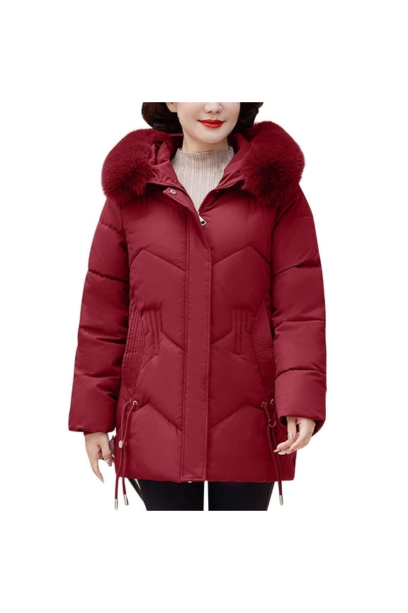 Women's Quilted Thicken Faux Fur Hood Coat Solid Color Long Sleeve Fashion Coats Full Zip Winter Warm Jacket with Pockets Red M