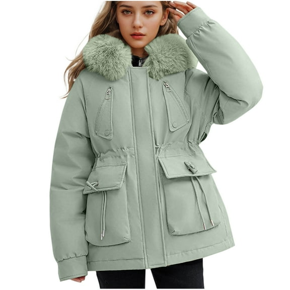 XPMWRP Women's Quilted Thicken Faux Fur Hood Coat Solid Color Long Sleeve Fashion Fleece Coats Full Zip Winter Warm Jacket with Pockets Green XL