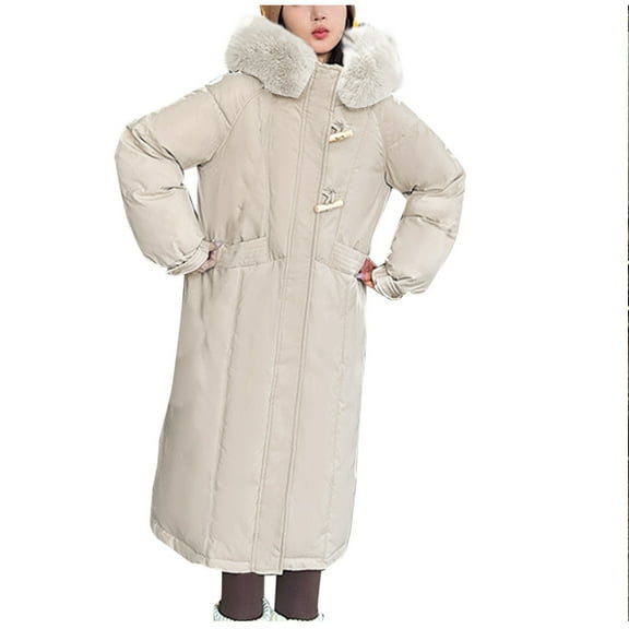 XPMWRP Women's Quilted Thicken Faux Fur Hood Long Coat Solid Color Long Sleeve Fashion Coats Full Zip Winter Warm Jacket with Pockets Beige XL