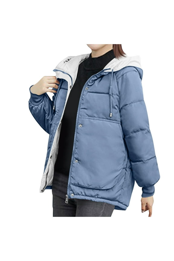 Women's Quilted Thicken Hooded Coat Long Sleeve Fashion Zip Up Loose Down Jacket Winter Warm Loose Jacket with Pockets Blue XXL