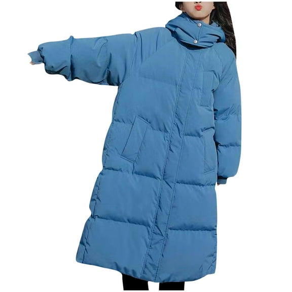 XPMWRP Women's Quilted Thicken Hooded Down Coats Solid Color Long Sleeve Fashion Zip Up Coats Winter Warm Loose Stand Collar Jacket with Pockets Blue XXL