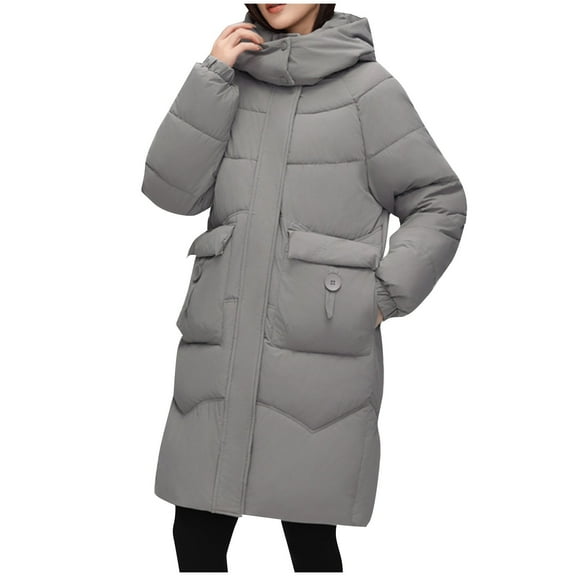 XPMWRP Women's Quilted Thicken Hooded Down Coats Solid Color Long Sleeve Fashion Zip Up Coats Winter Warm Loose Stand Collar Jacket with Pockets Gray XXL