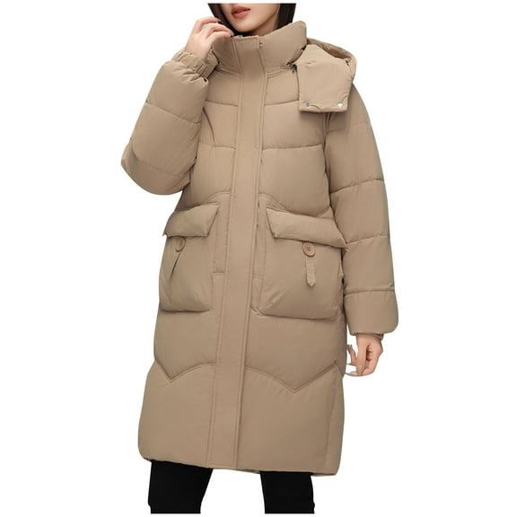 XPMWRP Women's Quilted Thicken Hooded Down Coats Solid Color Long Sleeve Fashion Zip Up Coats Winter Warm Loose Stand Collar Jacket with Pockets Yellow M