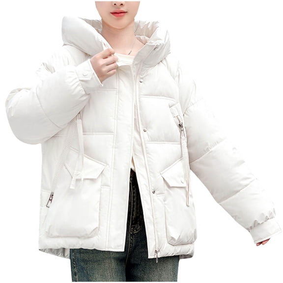 XPMWRP Women's Quilted Thicken Hooded Coats Solid Color Long Sleeve Fashion Zip Up Coats Winter Warm Loose Jacket with Pockets White XXL