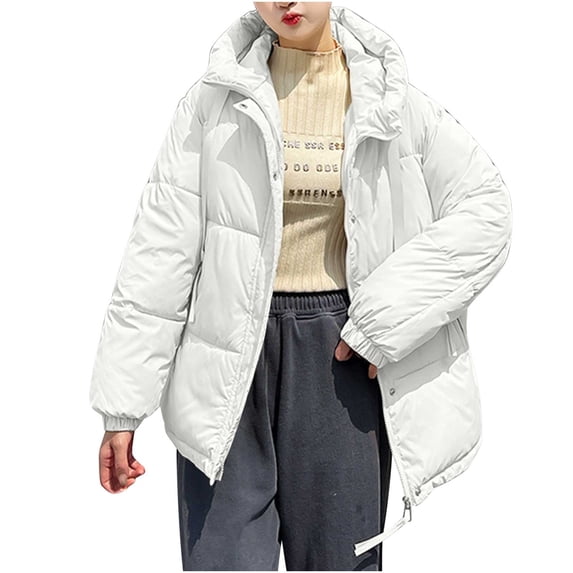 XPMWRP Women's Quilted Thicken Hooded Coats Solid Color Long Sleeve Fashion Zip Up Coats Winter Warm Loose Plus Size Jacket with Pockets White M